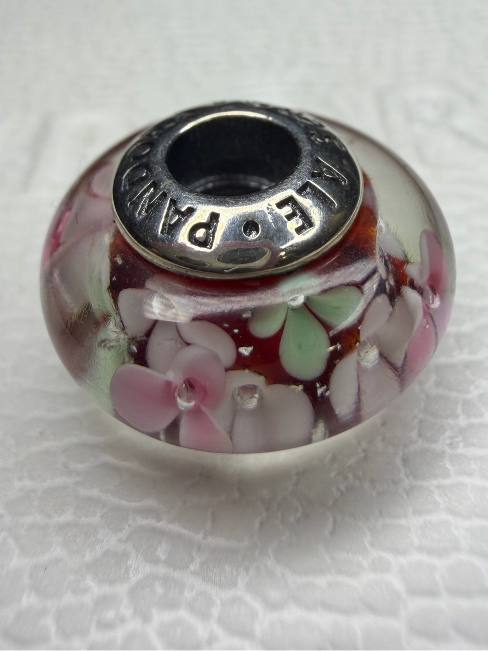 Pandora Pink Floral Glass Charm Bead with Silver Core